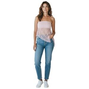 Wild Fable Pink Floral Lace Asymmetrical Hanky Hem Tube Top Strapless Sz L NWT